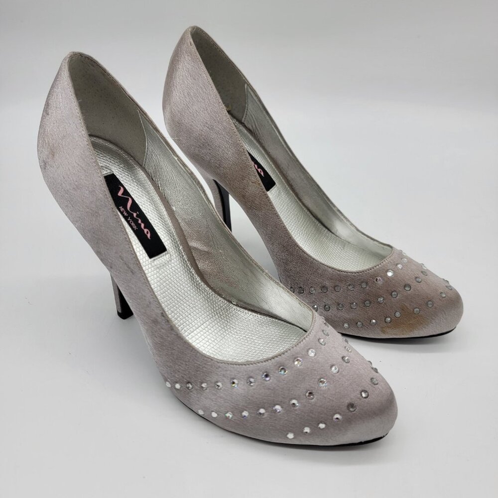 NINA Silver Metallic Ladies High Heel Shoes Sparkle Bling Formal‎ Size 9 M